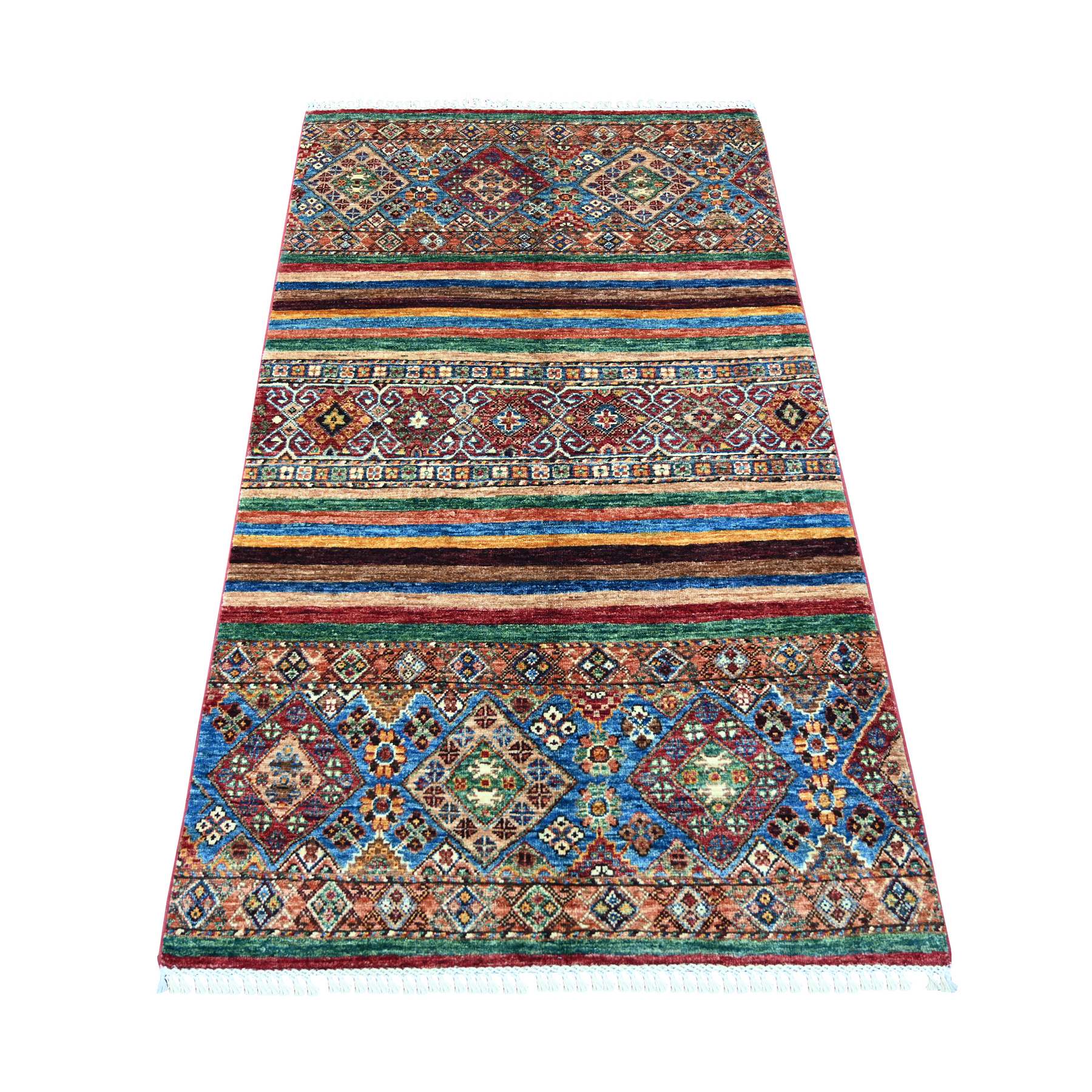 3'3"x5'6" Colorful, Afghan Super Kazak with Khorjin Design, Hand Knotted, Pure Wool, Vegetable Dyes, Oriental Rug 